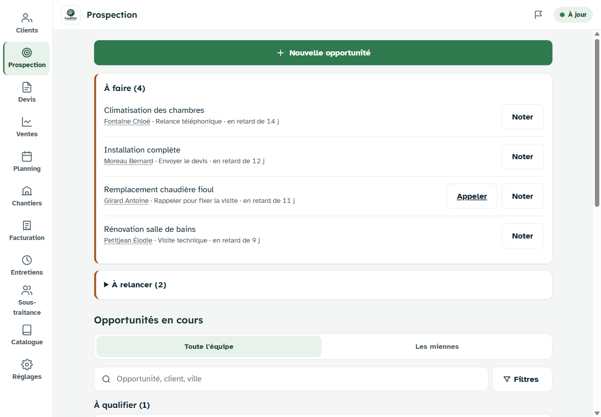 L’écran Prospection d’ExcelPros Artisan : les opportunités à traiter, avec pour chacune le client et la prochaine action.
