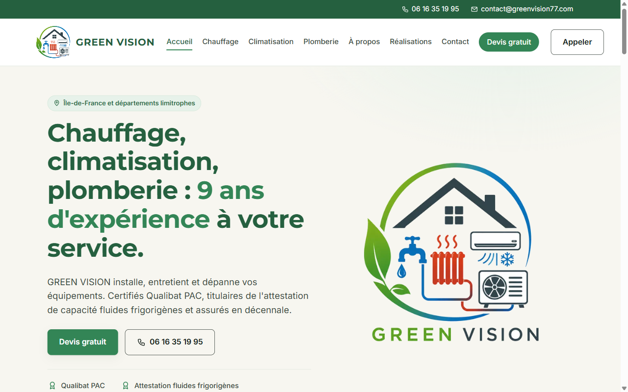 L’accueil du site de Green Vision sur ordinateur : « Chauffage, climatisation, plomberie : 9 ans d’expérience à votre service », avec les boutons Devis gratuit et Appeler.